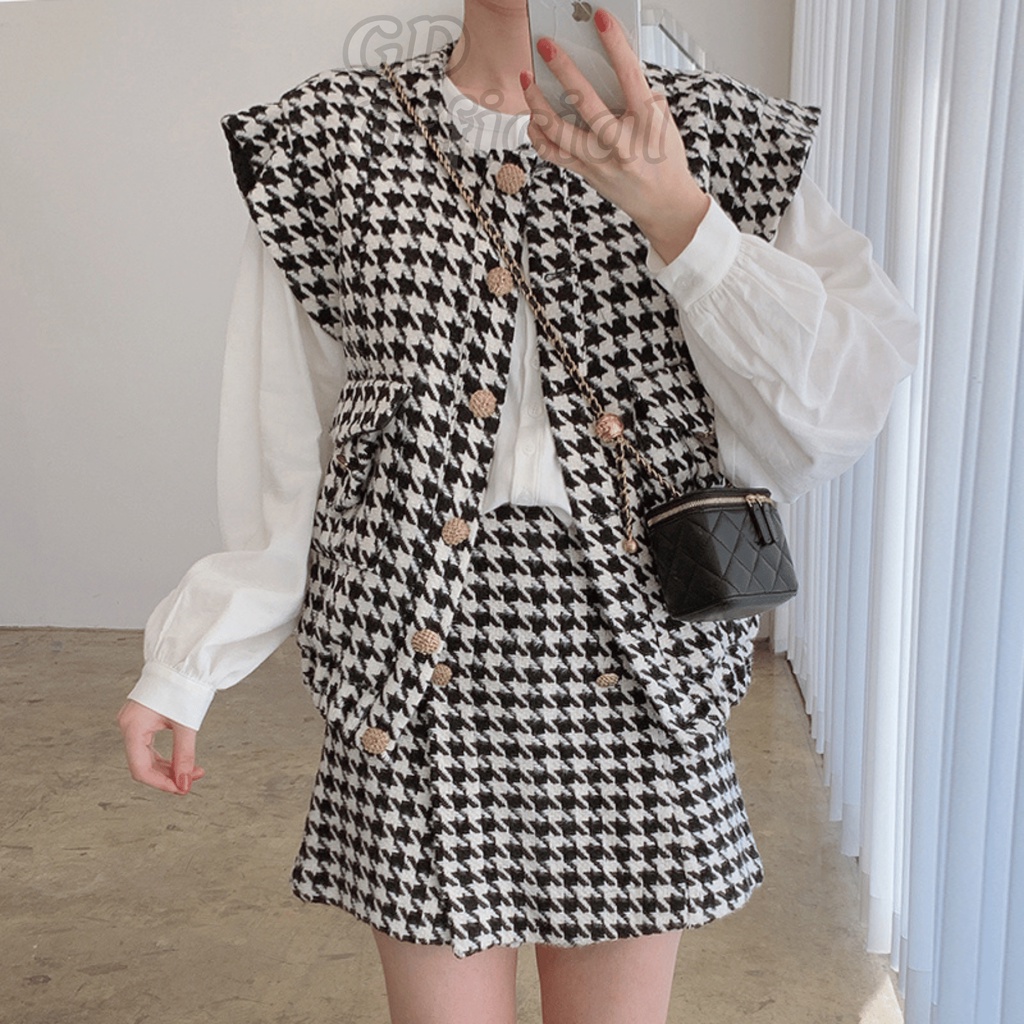 B11|Set bộ nữ dạ tweed áo gile tanktop khóa cài, váy cạp cao chữ A,sơ mi thanh lịch gd_order