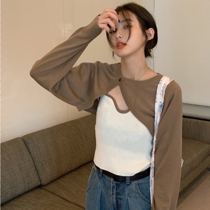 Cocory vn Set áo cardigan tay dài + áo hai dây dệt kim màu tương phản gợi cảm cho nữ