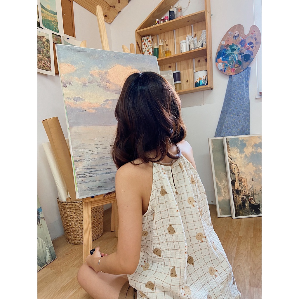 Set yếm hai dây chất xô muslin hoạ tiết gấu thỏ kẻ ô cực dễ thương