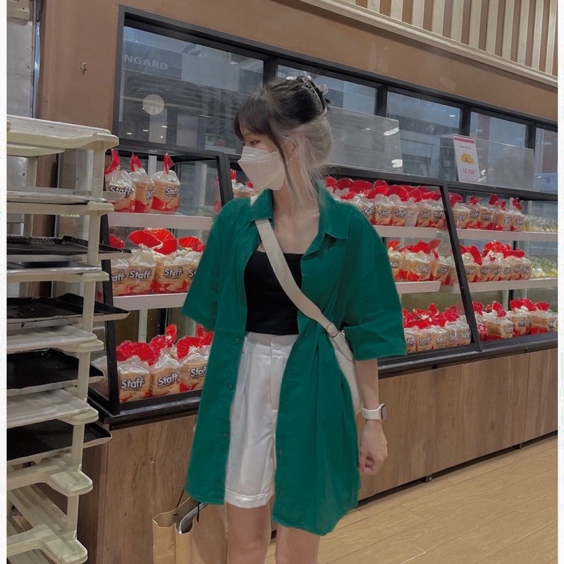 Áo sơmi trơn tay lỡ vải KAKI màu XANH LÁ có túi 🖤 Nam nữ unisex 🖤 Áo Sơ Mi form rộng style Ulzzang