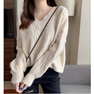 Áo len sợi thừng cổ tim