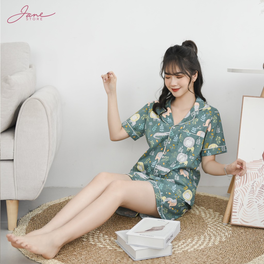 Pijama họa tiết - Đồ ngủ pijama chất thô Hàn áo cộc quần cộc trẻ trung Jane mã P4