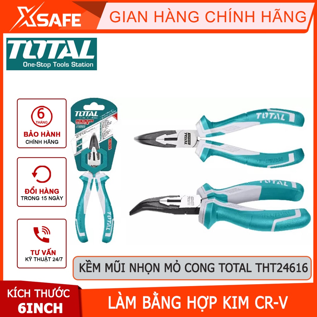 Kìm mũi nhọn mỏ cong TOTAL THT24616 Kềm bấm chất liệu thép CR-V, đen bóng - Chính hãng [XSAFE]