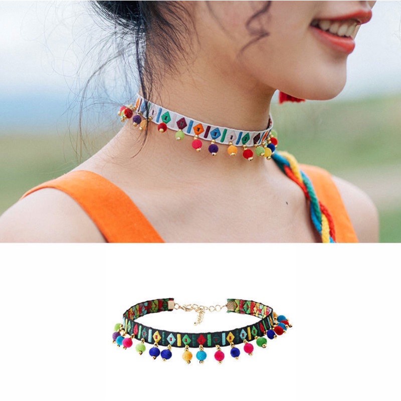 Vòng cổ choker thổ cẩm bohemian xinh xắn phong cách bohochic cô gái du lịch chỉ màu phụ kiện