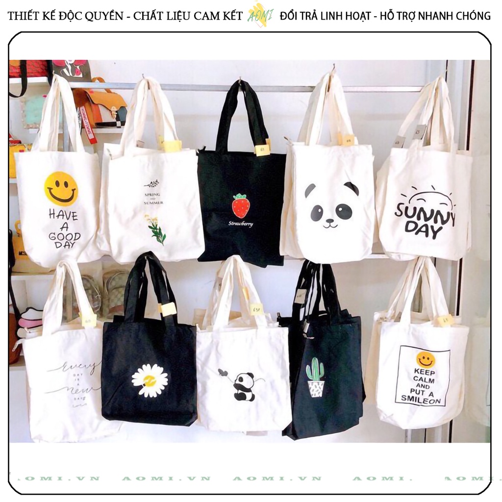 TOTE CANVAS hot trend 2022 Nhiều mẫu lựa TÚI VẢI ĐEO VAI BAG CÓ KHÓA KÉO SIZE LỚN 33x38cm AOMIVN DU LỊCH MÀU ĐEN TRẮNG