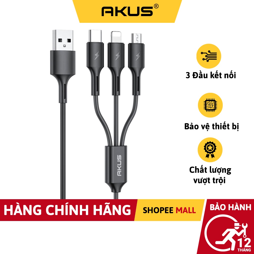 Dây cáp 3 đầu sạc nhanh AKUS-D38 - Hàng chính hãng