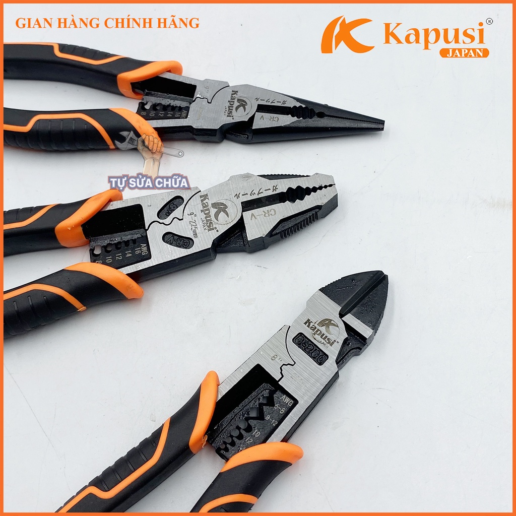 Kìm điện - Kìm cắt - Kìm nhọn đa năng công nghiệp Kapusi, thép CR-V đen xám cao cấp mạ Niken chống gỉ