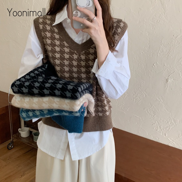 Áo len không tay cổ chữ V form rộng theo phong cách Hàn Quốc