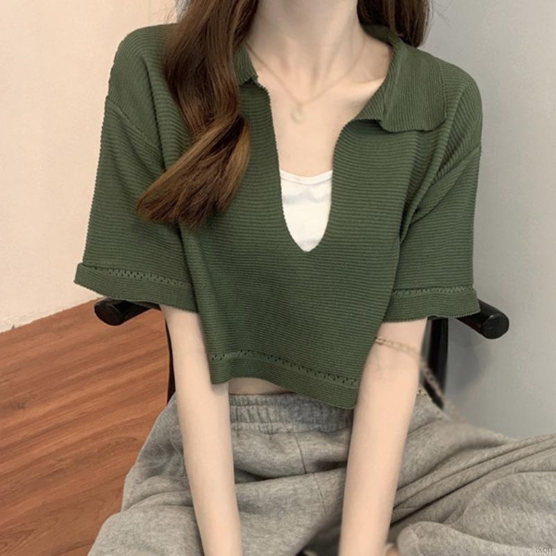 Áo kiểu croptop tay ngắn cổ chữ V dệt kim phong cách Hàn Quốc thời trang cho nữ