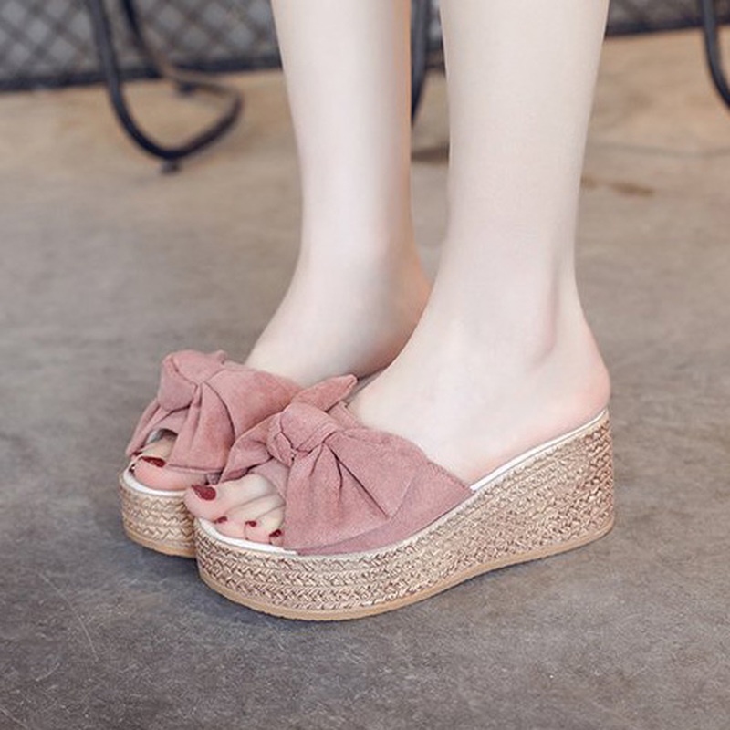 Dép đế xuồng đính nơ cỡ 7cm phong cách mùa hè thời trang cho nữ