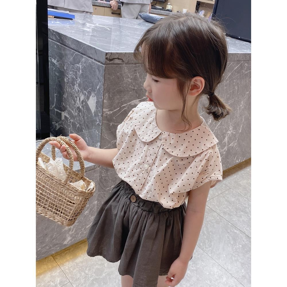 Set Áo Cổ Búp Bê Họa Tiết Chấm Bi Và Chân Váy Ngắn Vải Cotton Dễ Thương Thời Trang Mùa Hè Cho Bé Gái 0512