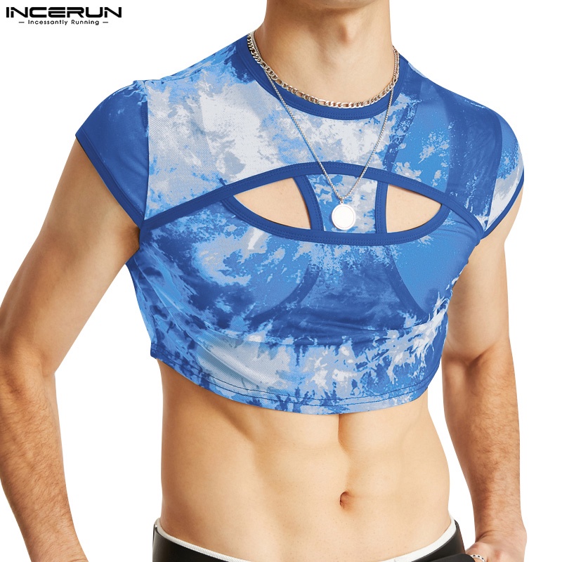 INCERUN Áo Thun Tay Ngắn Dáng Ôm Màu Xanh Xuyên Thấu Thời Trang Cho Nam