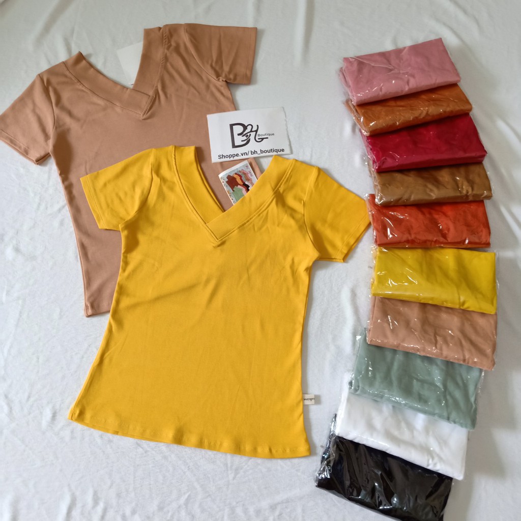 Áo thun cổ tim nữ có thể kéo xuống mặc trễ vai thiết kế tay ngắn chất vải cotton co giãn ôm dáng body nhiều màu sắc
