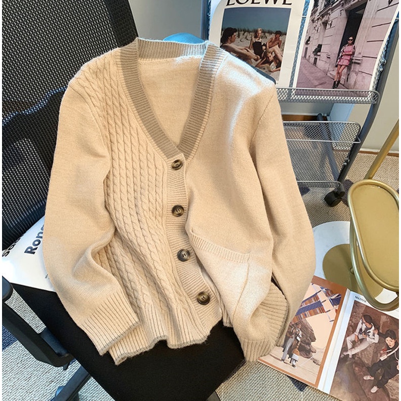 Áo Khoác cardigan Dệt Kim Cổ Chữ v Dáng Rộng Màu Sắc retro Dành Cho Nữ