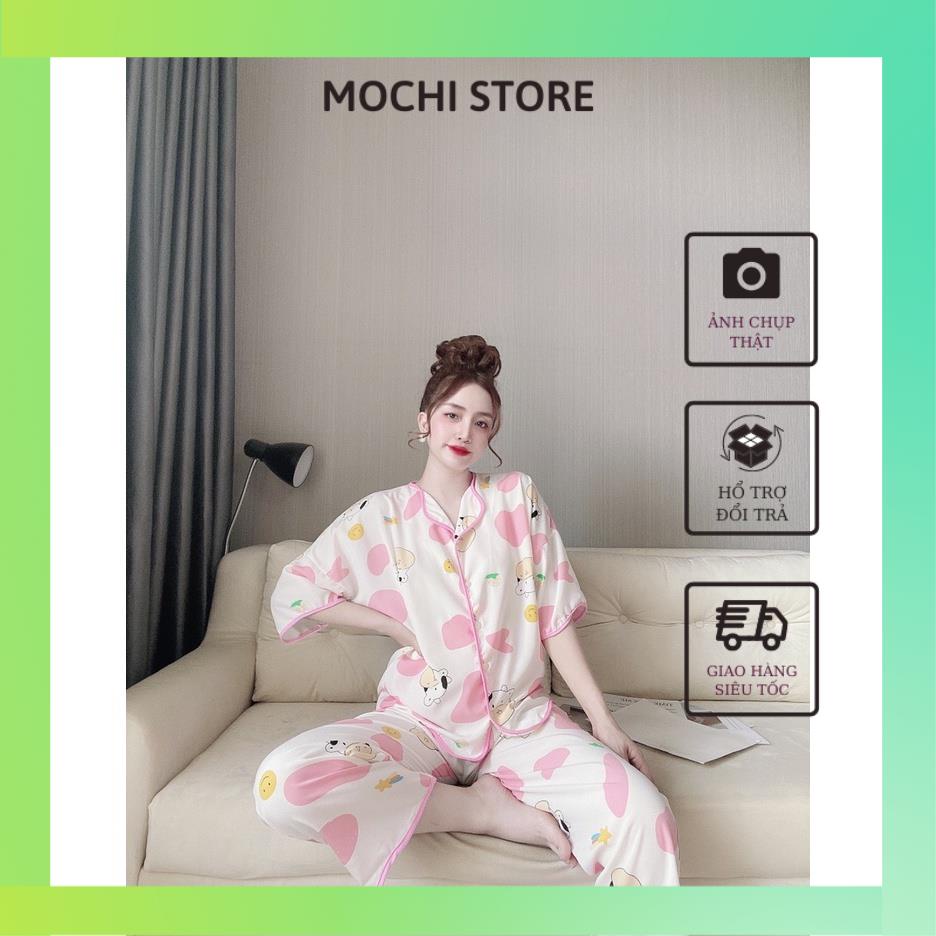 Bộ Ngủ MặC Nhà, Đồ Pijama Ngắn Tay Quần Dài Lượn Sóng Họa Tiết Bò Sữa Chất Lụa Mango Mềm Mịn, Form Dáng Rộng Rãi T