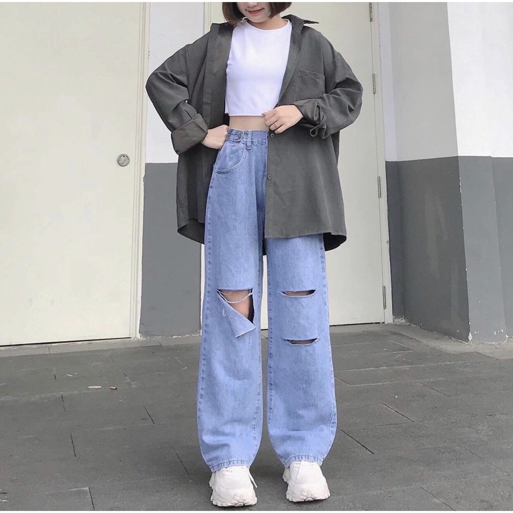 Quần Jean Ống Rộng XANH RÁCH Ulzzang Unisex 1hitshop | BigBuy360 - bigbuy360.vn