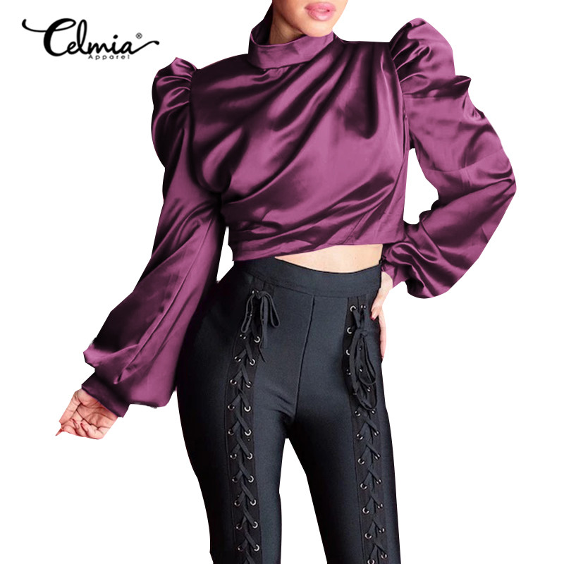 CELMIA Áo Sơ Mi Nữ Tay Dài Cổ Cao Vải Lụa Satin Thời Trang Quyến Rũ