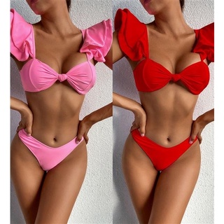 Bộ đồ bơi bikini hai mảnh phối diềm xếp nếp thắt nơ màu đỏ/hồng dễ thương cho nữ