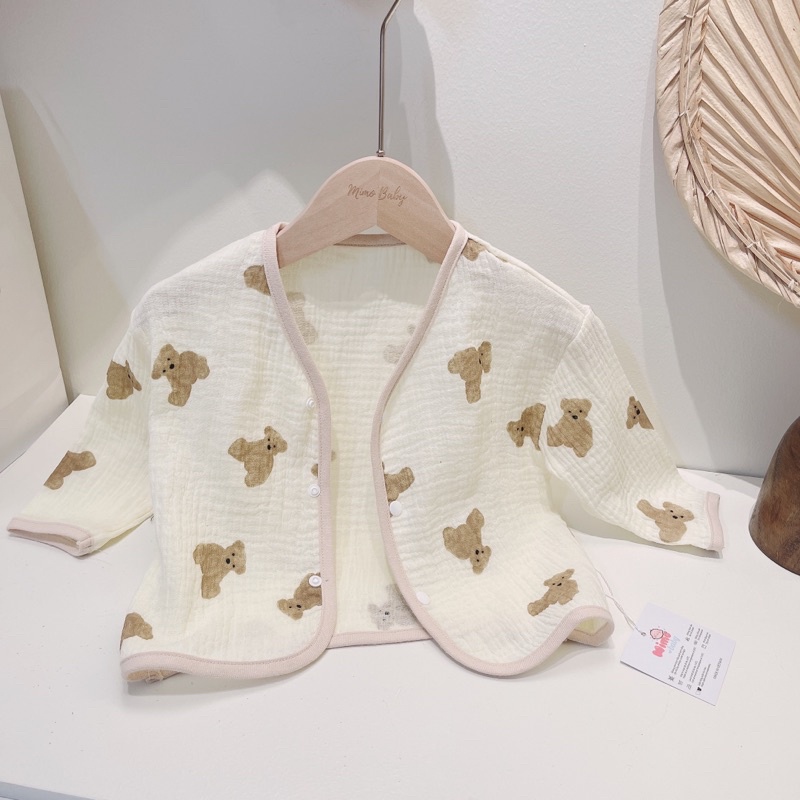 Áo dài tay cổ tim, áo cardigan thu đông đính gấu dễ thương cho bé QA40 Mimo Baby