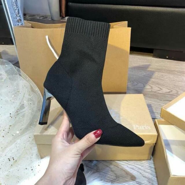 Boot len cao cổ gót vuông tráng gương đen be