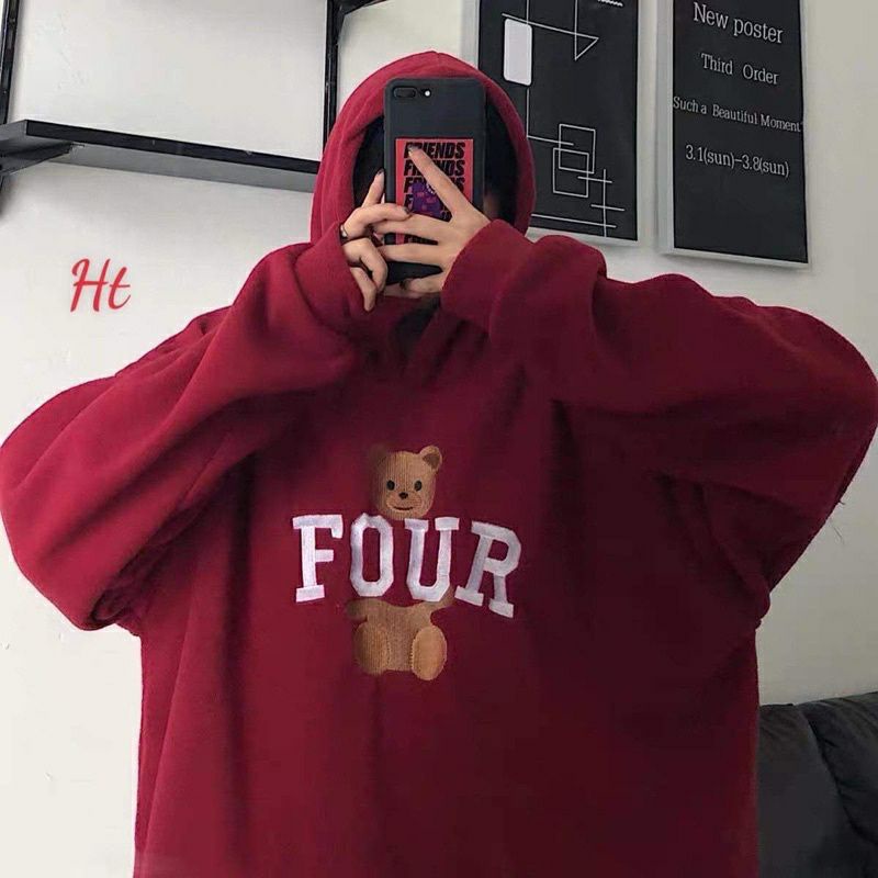 ÁO NỮ, ÁO HOODIE IN CHỮ FOUR HÌNH GẤU HAI MÀU ĐEN ĐỎ ẤM ÁP, TIỆN LỢI, HÀNG HÓT HIT