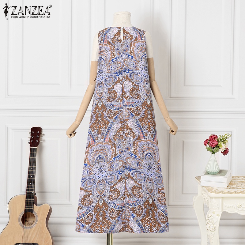 Đầm maxi ZANZEA dáng chữ A sát nách cổ tròn xẻ tà thời trang cho nữ