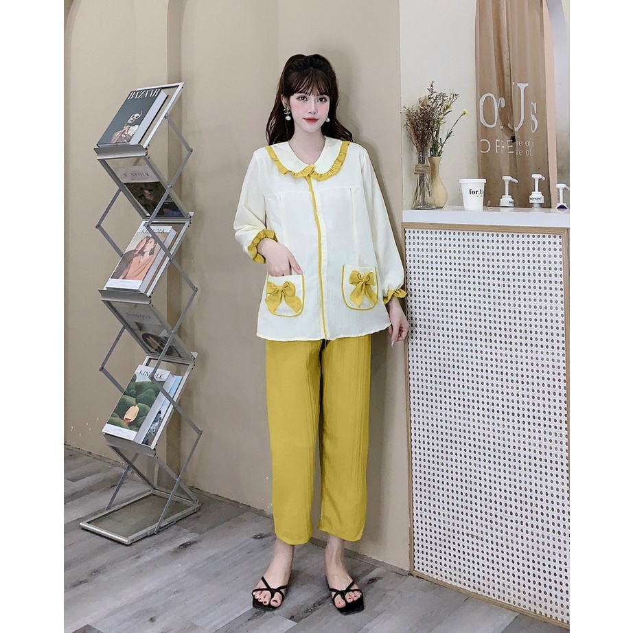 Bộ Pijama Bầu Đũi Lụa Có Cổ, Bộ Bầu Và Sau Sinh 2 Chức Năng Kết Hợp Cho Con Bú Dài Tay M603 Mom and Baby