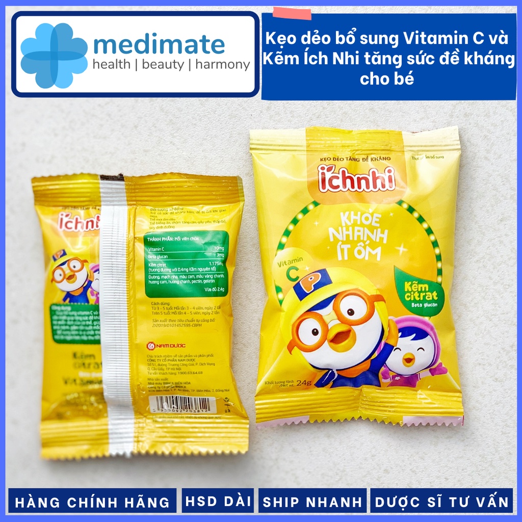 Kẹo dẻo Ích Nhi bổ sung Vitamin C và Kẽm cho bé, giúp tăng sức đề kháng, tăng cường miễn dịch (gói 24g)
