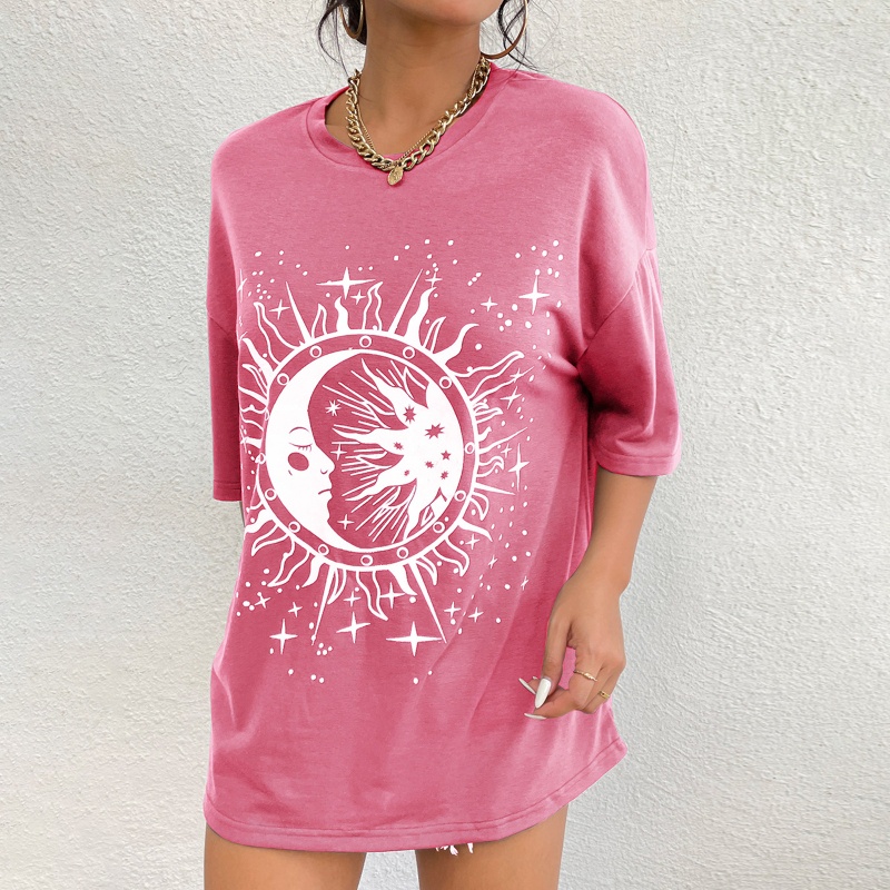 Áo Thun Tay Ngắn Cổ Tròn In Hình Mặt Trời Mặt Trăng Phong Cách Harajuku Vintage Thời Trang Mùa Hè Cho Nữ