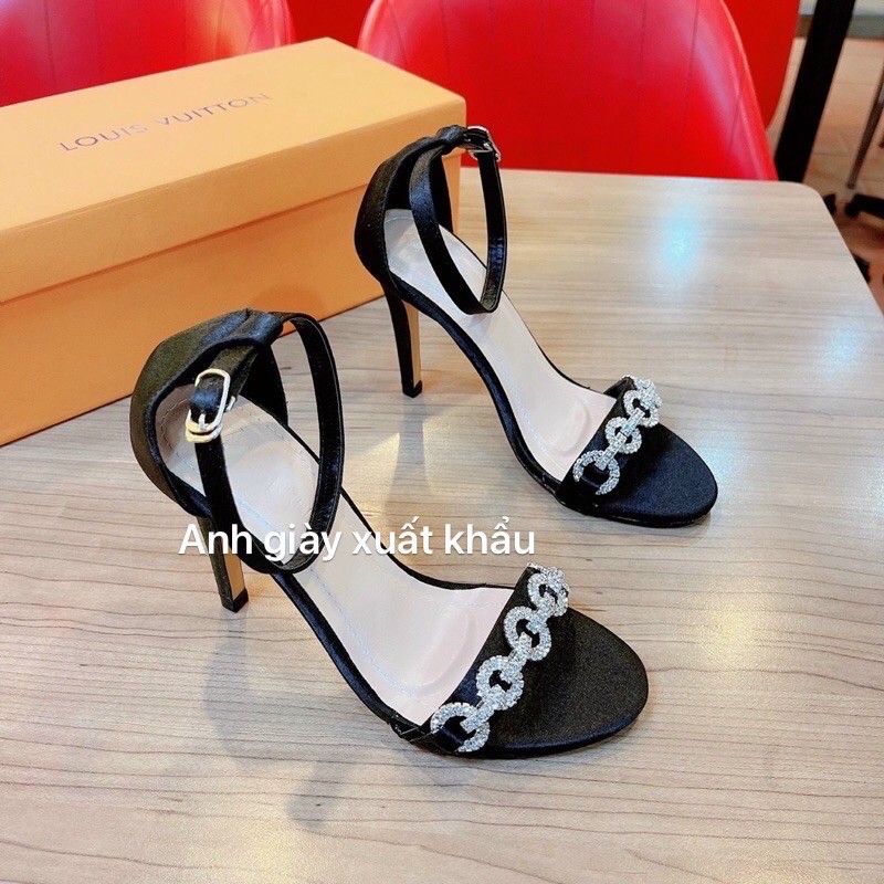Sandal quai ngang lụa gót nhọn 9p đính đá bít gót( ảnh thật, kèm video)