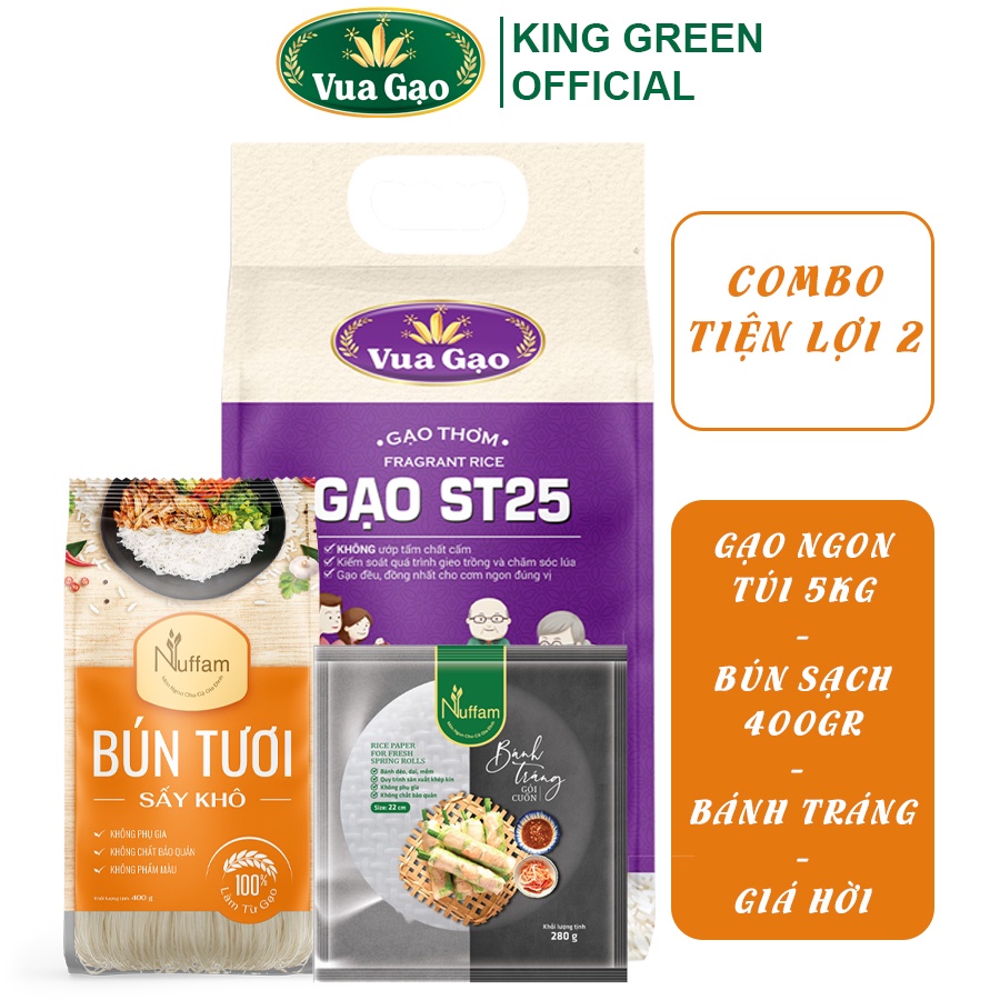 Combo Gạo ST25 5Kg + Bún Tươi Sấy Khô + Bánh Tráng Gỏi Cuốn - Thương hiệu Vua Gạo