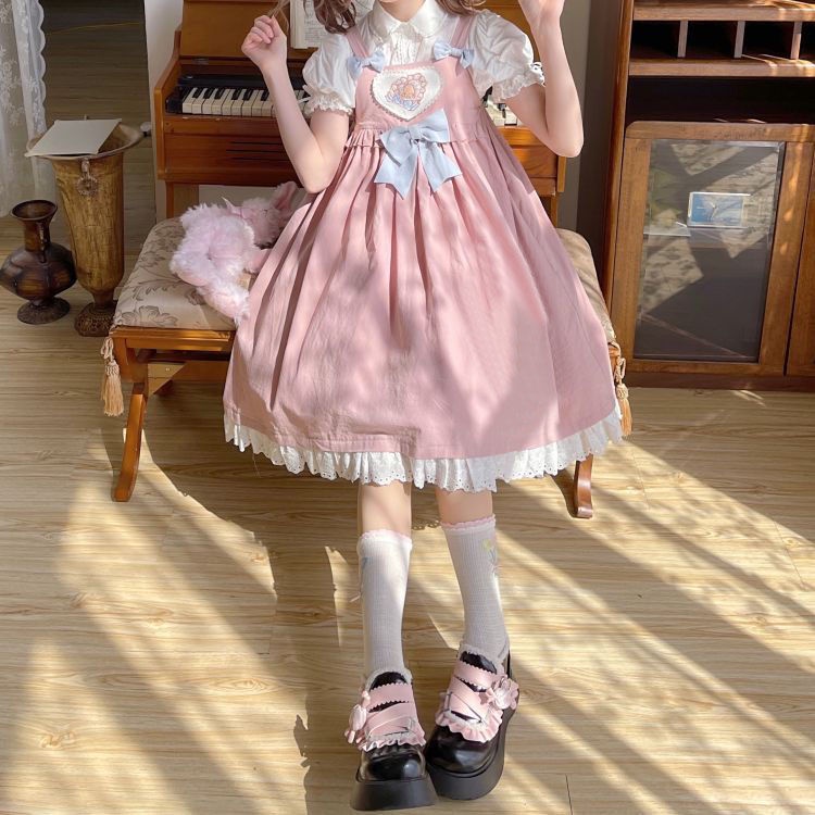 Bộ đầm lolita yếm vải mềm thêu họa tiết trái tim và áo phong cách Nhật Bản thời trang mùa hè cho nữ