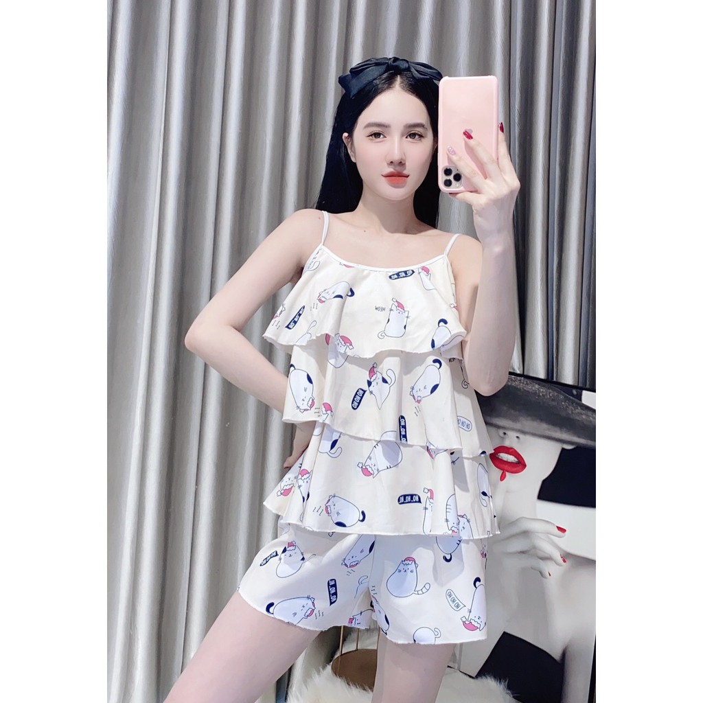 Đồ bộ ngủ, đồ bộ đùi lụa hàn 2 dây bèo 3 tầng siêu kute | BigBuy360 - bigbuy360.vn
