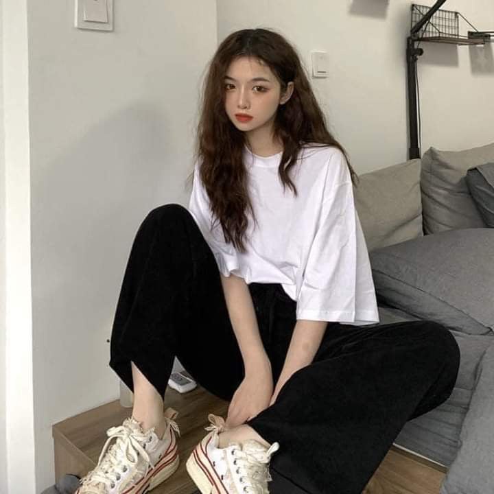 Quần Ống Suông Cạp Chun, Quần Ống Rộng Nữ Màu Đen Ulzzang