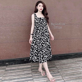 Váy sát nách ,đầm suông nữ sát nách hoa cúc nhí  vintange dáng xòe điệu đà