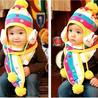 Bộ khăn mũ len chấm bi hình thỏ cho bé 1 - 3 tuổi, bộ nón len kèm khăn tai thỏ