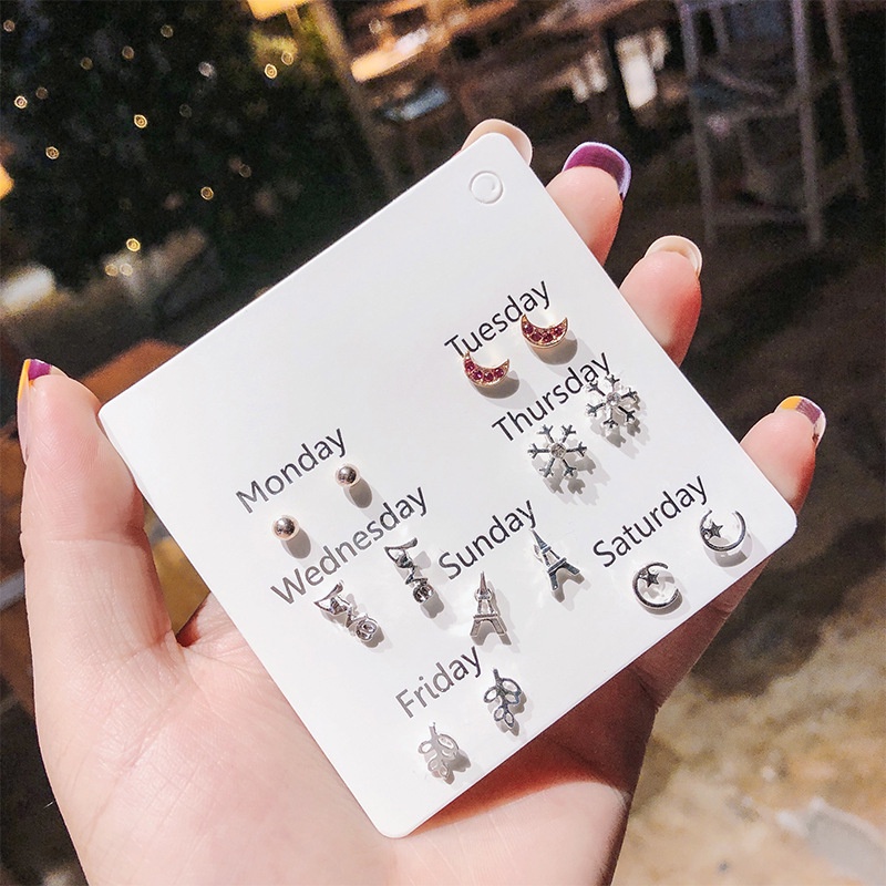 Ahellogirl Set 6 đôi khuyên tai đính ngọc/pha lê thời trang cao cấp