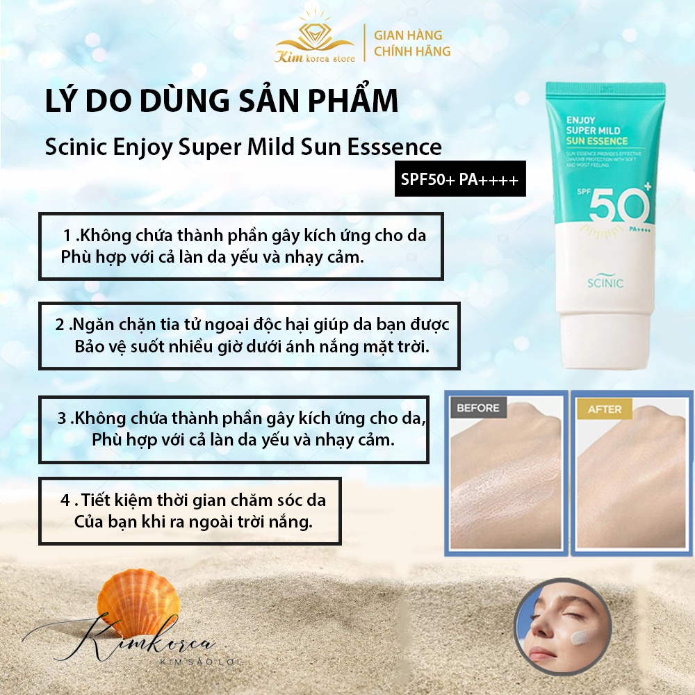 Kem chống nắng Scinic Enjoy super mild sun essence nhẹ dịu dùng được cho da đang treatment
