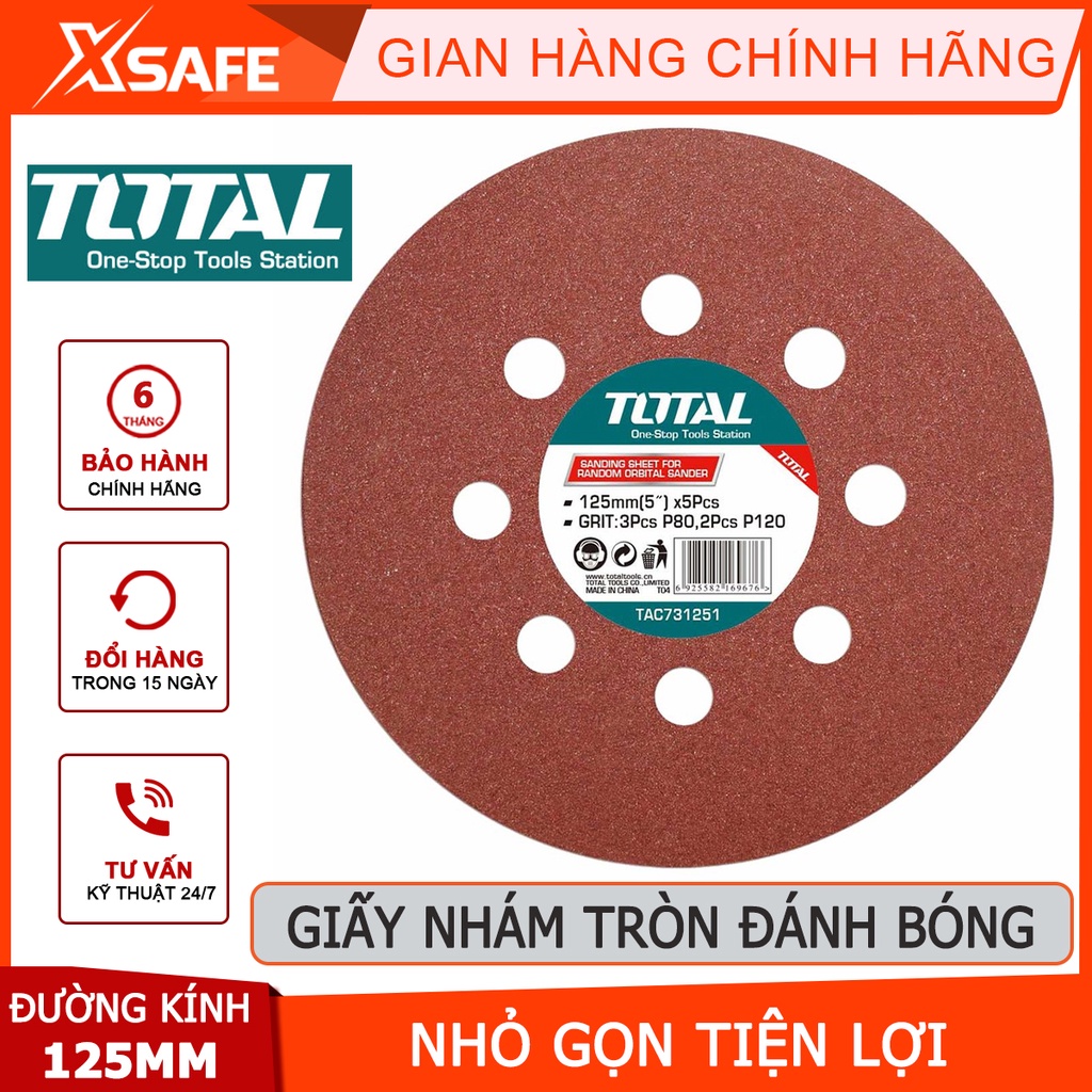 Giấy nhám tròn TOTAL TAC731251 | giấy chà nhám đường kính 125mm gồm 3 cái P80 và 2 cái P120 (5 cái / bộ)  xử lý