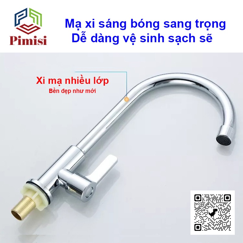 Vòi Rửa Chén Lạnh 1 Đường Nước Đơn INOX 304 Pimisi Cao Cấp Sáng Bóng Cho Chậu Rửa Bát Trong Nhà Bếp Tăng Áp | Chính Hãng