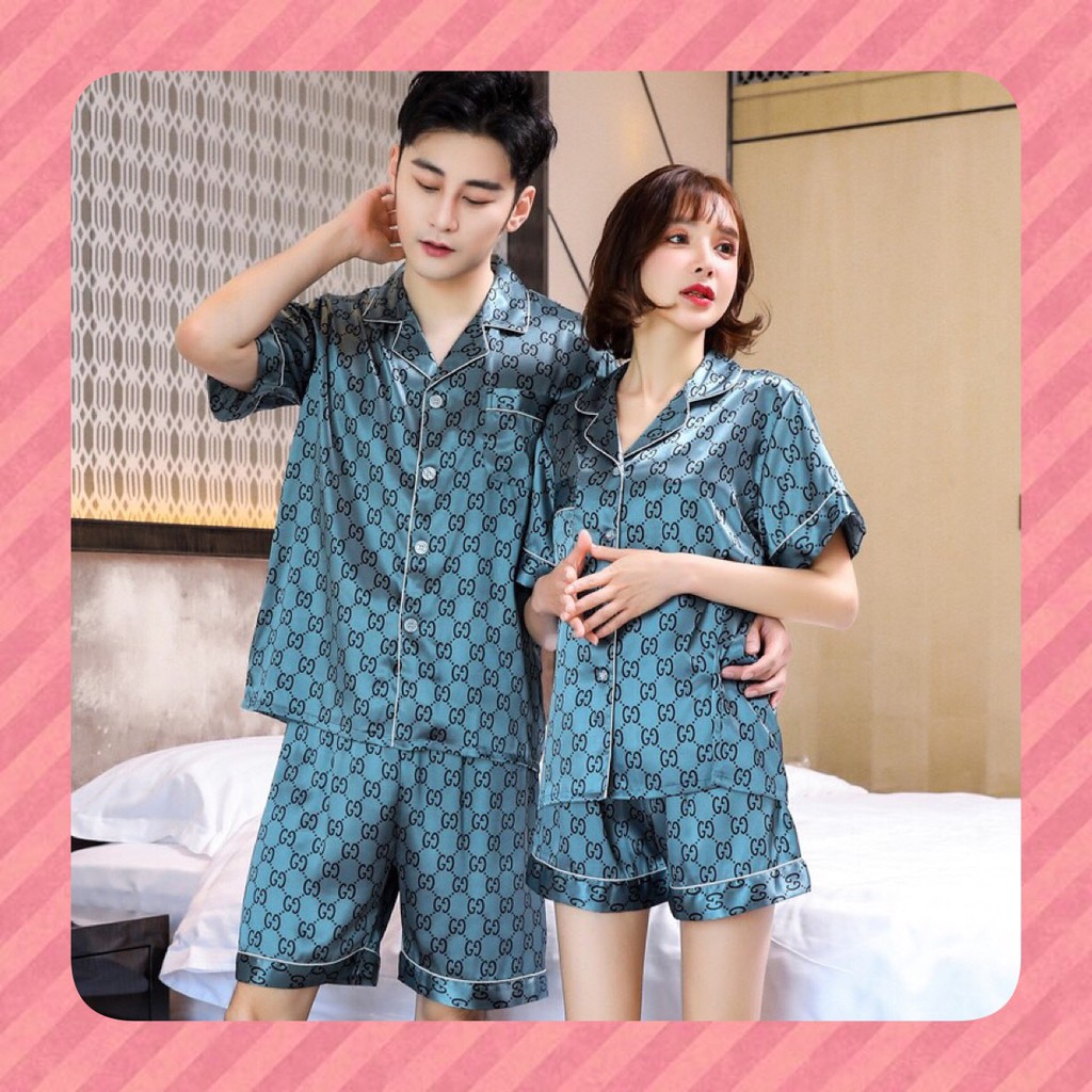 [SẴN] Đồ bộ Pijama mặc nhà cho các cặp đôi - đồ bộ cộc tay chất lụa bóng cao cấp mẫu GC xanh