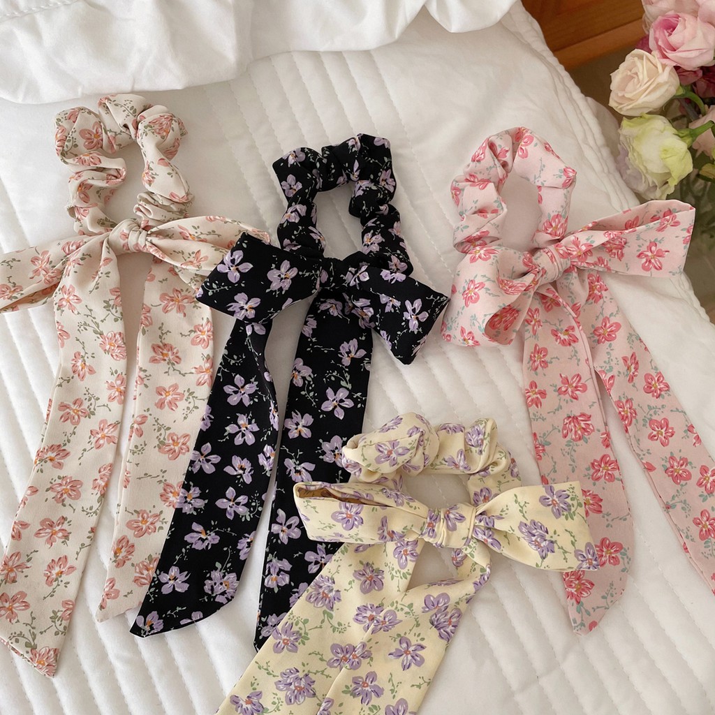 Scrunchies Cột Tóc Buộc Tóc Nơ LIN Họa Tiết Hoa Ngọt Ngào