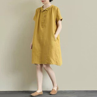 Đầm suông đũi cổ sen vuông form rộng SLINEN, chất vải đũi mềm mát, form váy suông rộng không kén dáng mặc