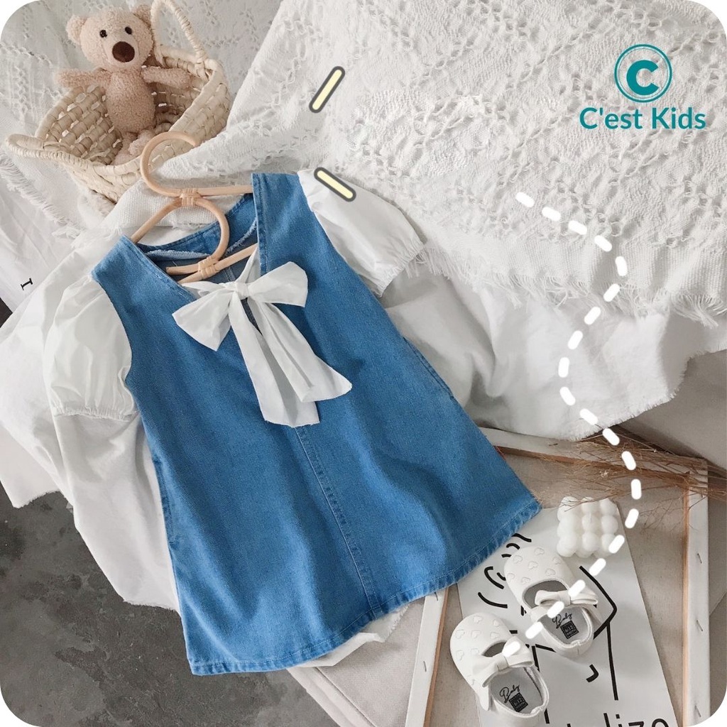 Váy bé gái, váy bò bé gái, váy jean phối tay phồng lên dáng xinh như công chúa Size nhí size trung size đại