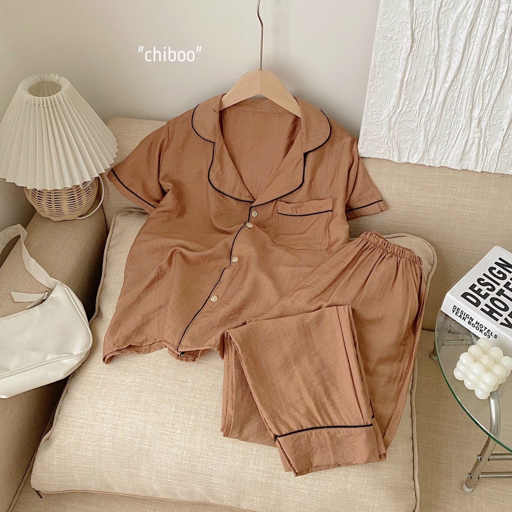 Ộ Đồ Ngủ Nữ Pyjama Mặc Nhà Cộc Tay Chất Vải Đũi xước siêu mát Mềm Mịn Dễ Thương