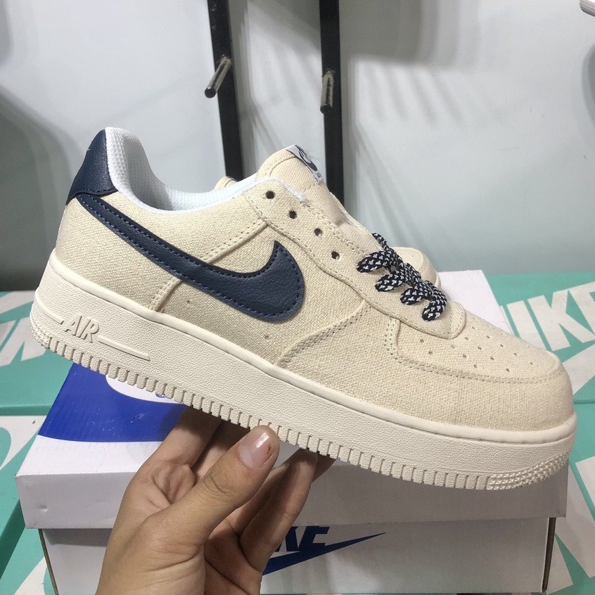 Giày thể thao air force 1 bản vải màu be, AF1 vàng cát  vệt xanh cao cấp, tặng box bảo vệ giày