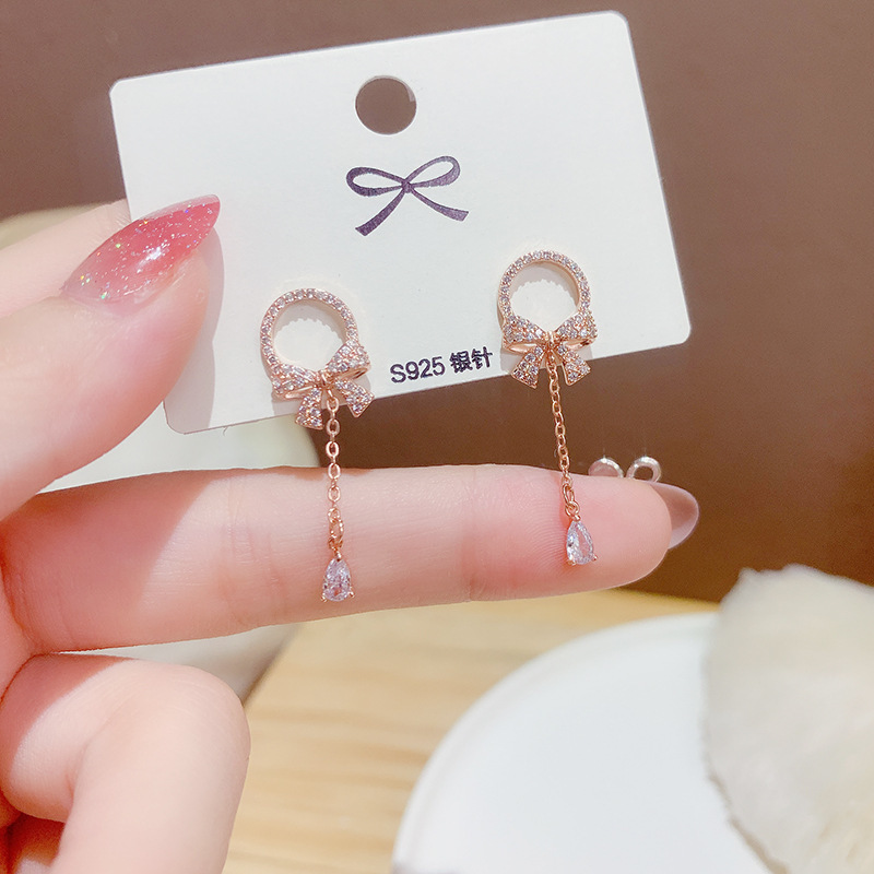 MANYUE Bông Tai Mạ Bạc 925 Đính Đá Phối Tua Rua Phong Cách Hàn Quốc Thời Trang Cho Nữ
