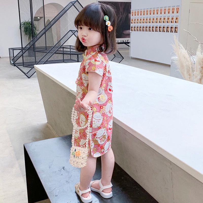 Đầm Sườn Xám Tay Ngắn In Hình Mèo Hoạt Hình Có Khóa Cài Dành Cho Bé Gái