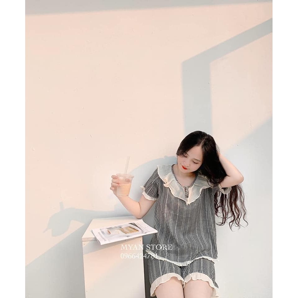 Bộ Thun Mặc Nhà - Set thun kẻ ô đuôi bèo nữ LE51 | BigBuy360 - bigbuy360.vn