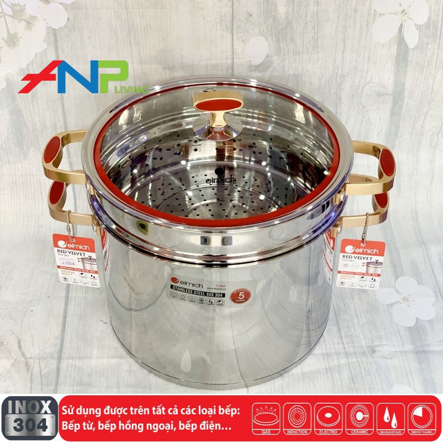 (Xoong) Nồi Inox cao cấp 5 lớp đáy Elmich Red Velvet - Hàng Nhập Khẩu Chính Hãng